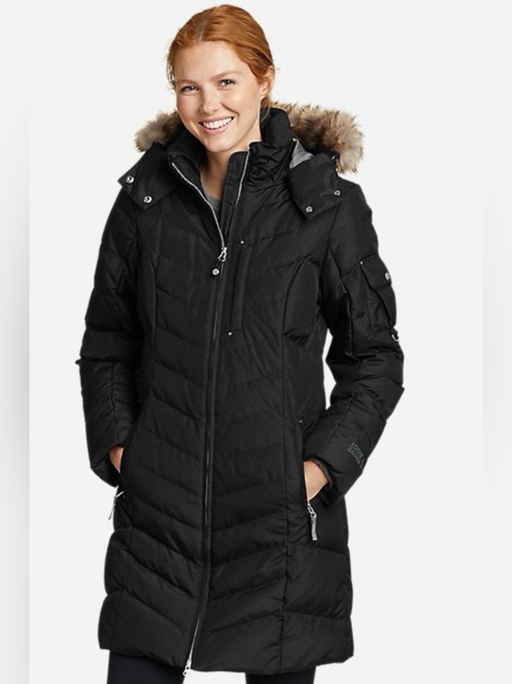 New Eddie Bauer Women's Black Quilted Hooded Puffer Coat with Faux Fur Trim XL